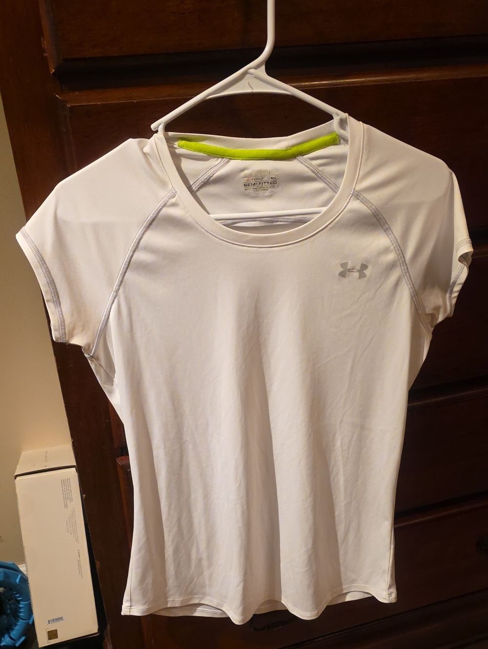 5/$25 Under Armour White Short Sleeve Athletic Tee with Lime Accent